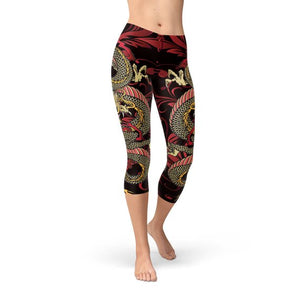 Dragon Leggings for Women Medium Waisted Red Pants with Chinese Dragons  Print